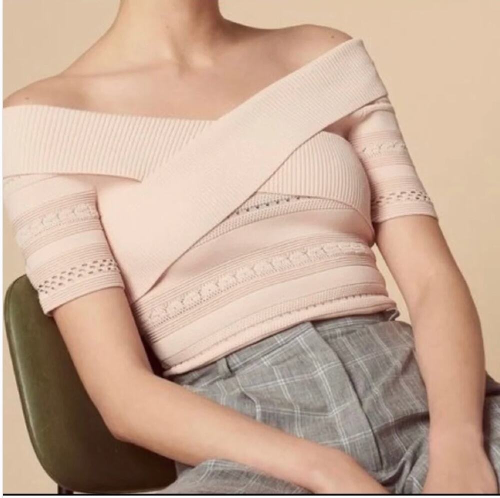 Sandro Paris Sweater Women's Small Pink Stretch Ribbed Off The Shoulder